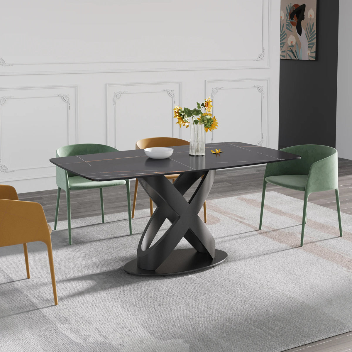 Marbella Sintered Stone Dining Table | 63" Matte Black Rectangular With Curved Edge