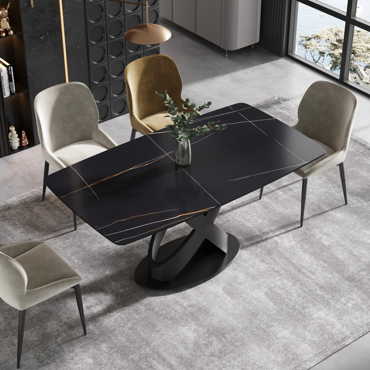 Marbella Sintered Stone Dining Table | 63" Matte Black Rectangular With Curved Edge