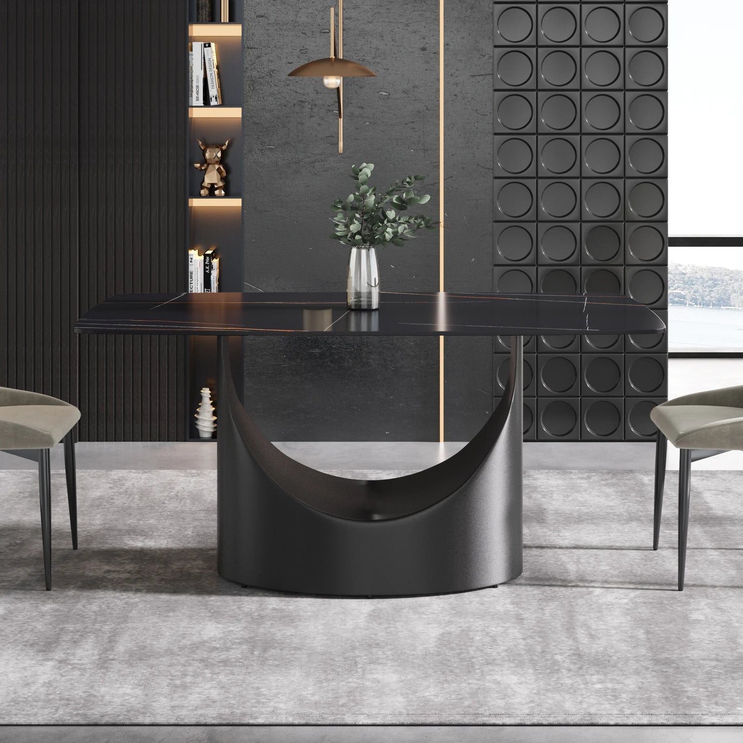 Marbella Sintered Stone Dining Table | 63" Matte Black Rectangular With Curved Edge