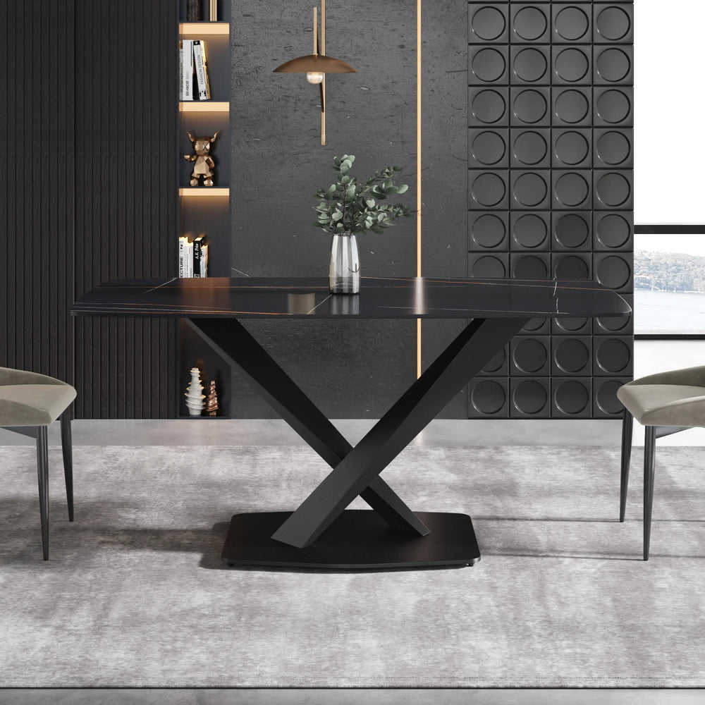 Marbella Sintered Stone Dining Table | 63" Matte Black Rectangular With Curved Edge