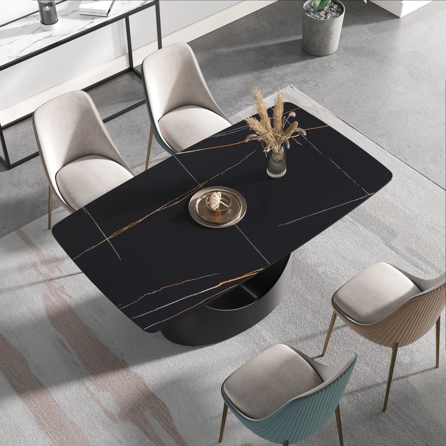 Marbella Sintered Stone Dining Table | 63" Matte Black Rectangular With Curved Edge