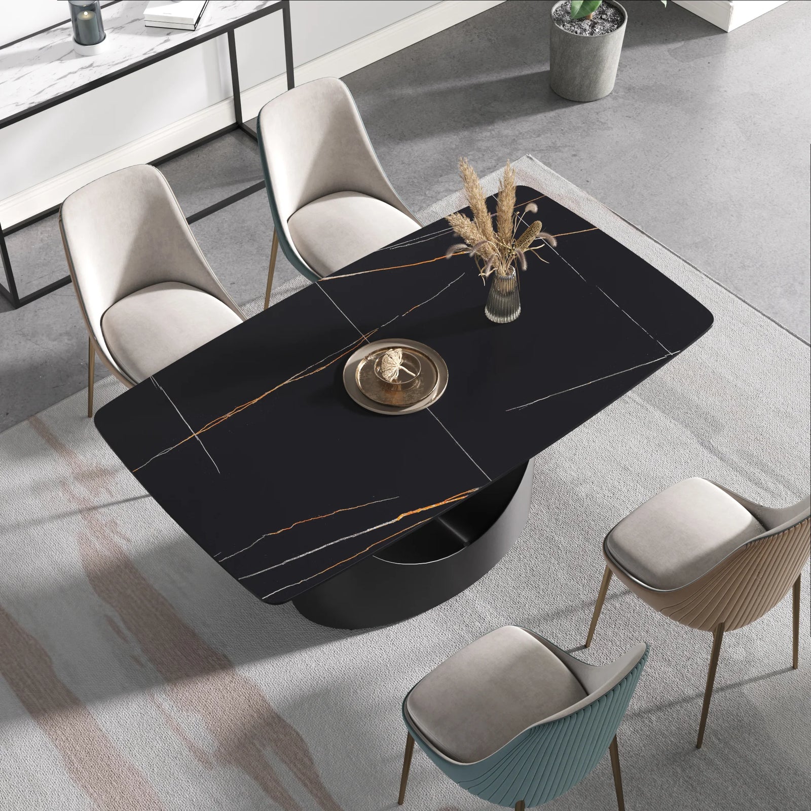 Mesa de comedor Marbella de piedra sinterizada | Rectangular de 160 cm (63") en negro mate con borde curvo