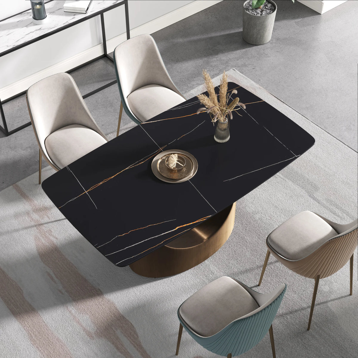 Marbella Sintered Stone Dining Table | 63" Matte Black Rectangular With Curved Edge