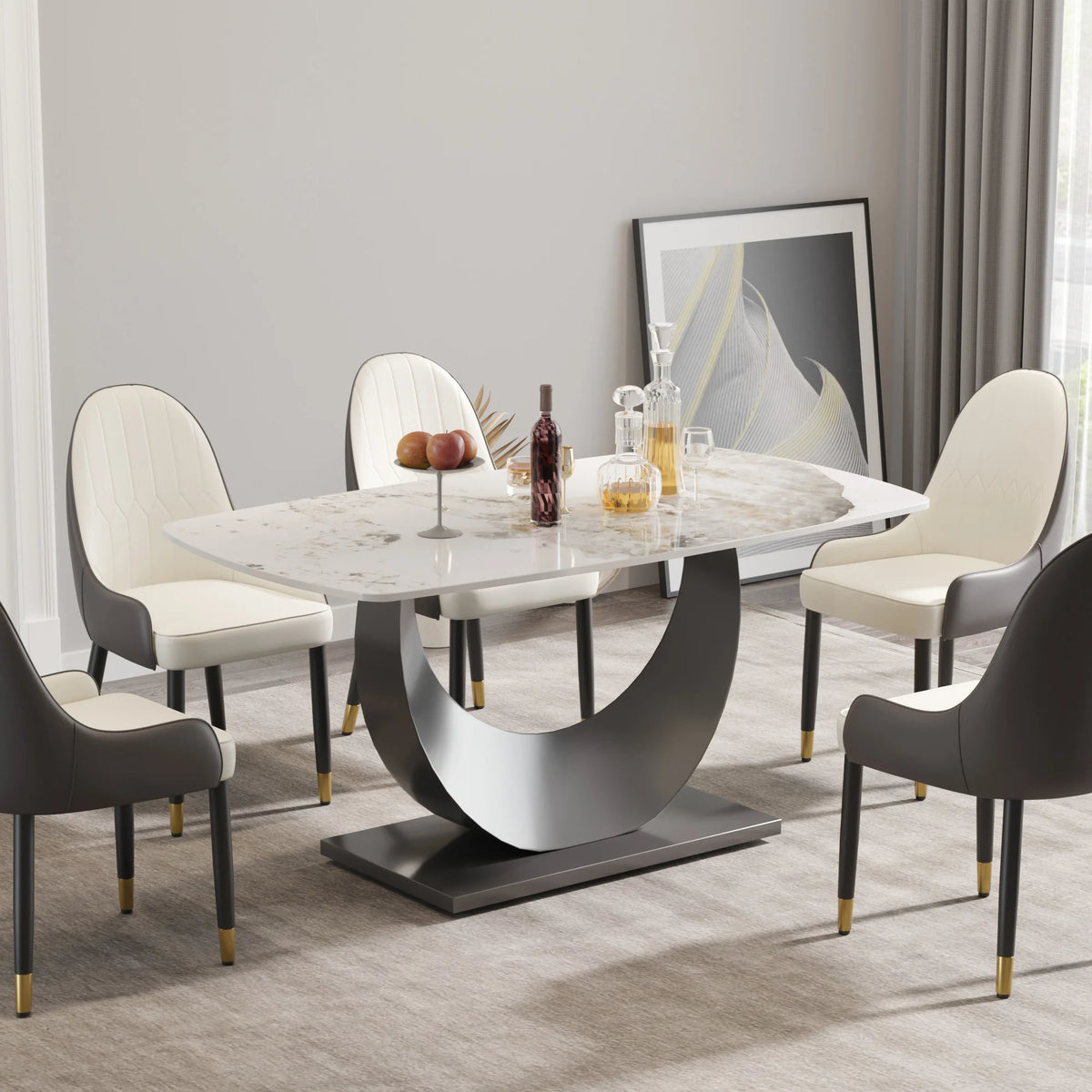 Marbella Sintered Stone Dining Table | 63" Pandora Rectangular With Curved Edge