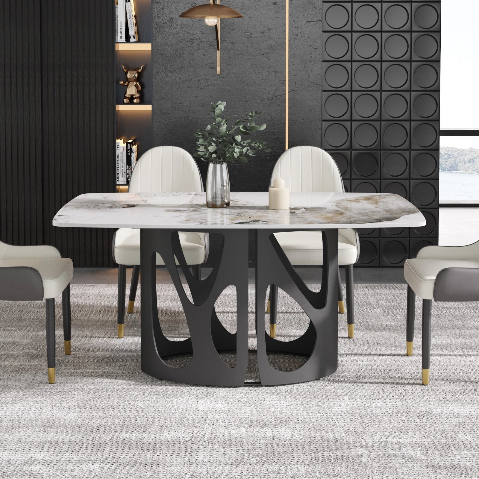 Mesa de comedor Marbella de piedra sinterizada | Pandora rectangular de 63" con borde curvo