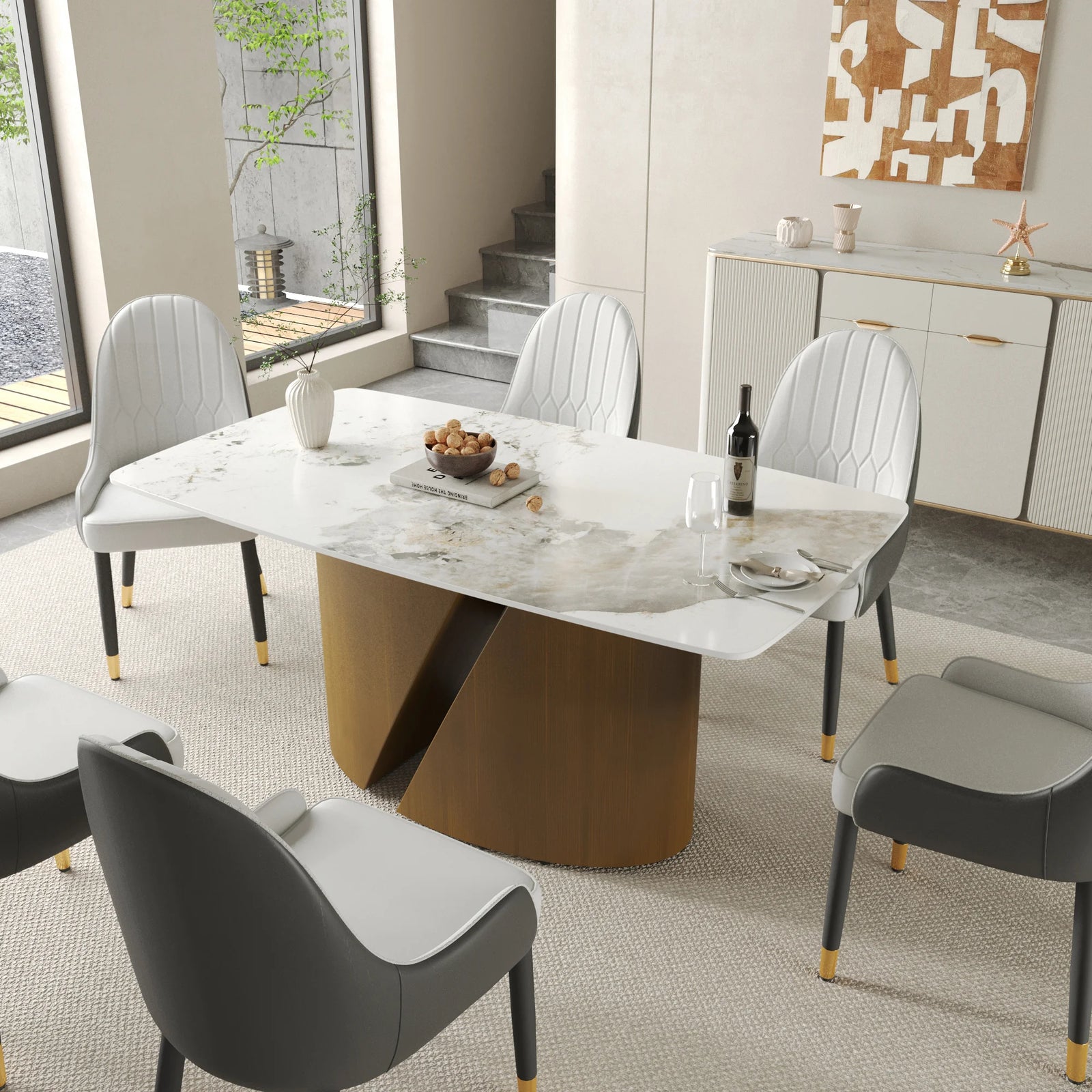 Mesa de comedor Marbella de piedra sinterizada | Pandora rectangular de 63" con borde curvo