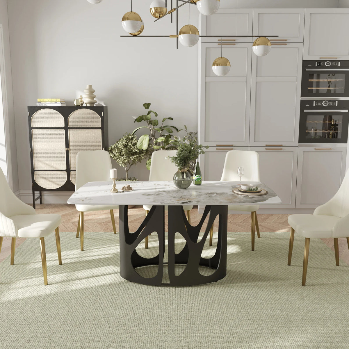 Marbella Sintered Stone Dining Table | 63" Pandora Rectangular With Curved Edge