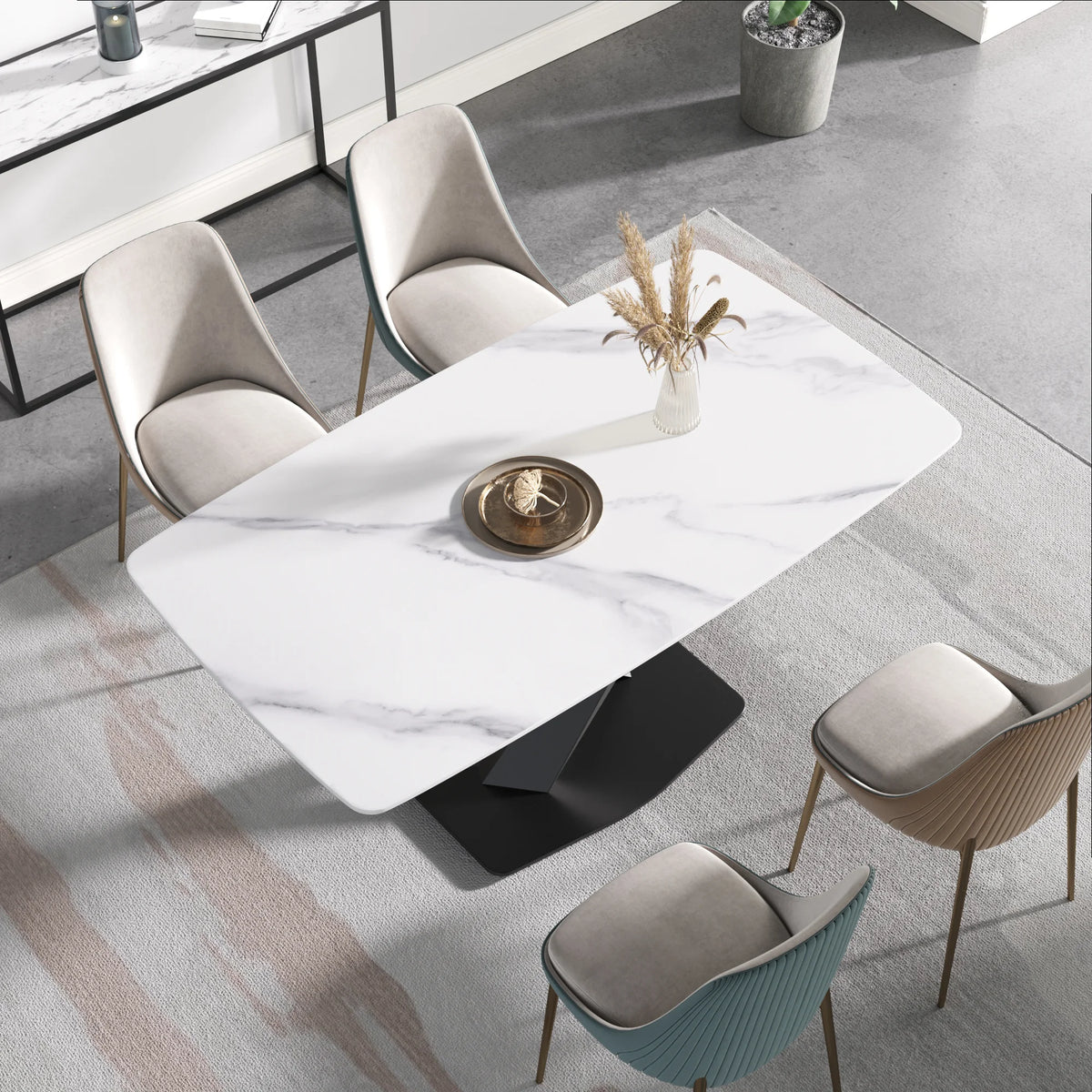 Marbella Sintered Stone Dining Table | 63" White Gloss Rectangular With Curved Edge