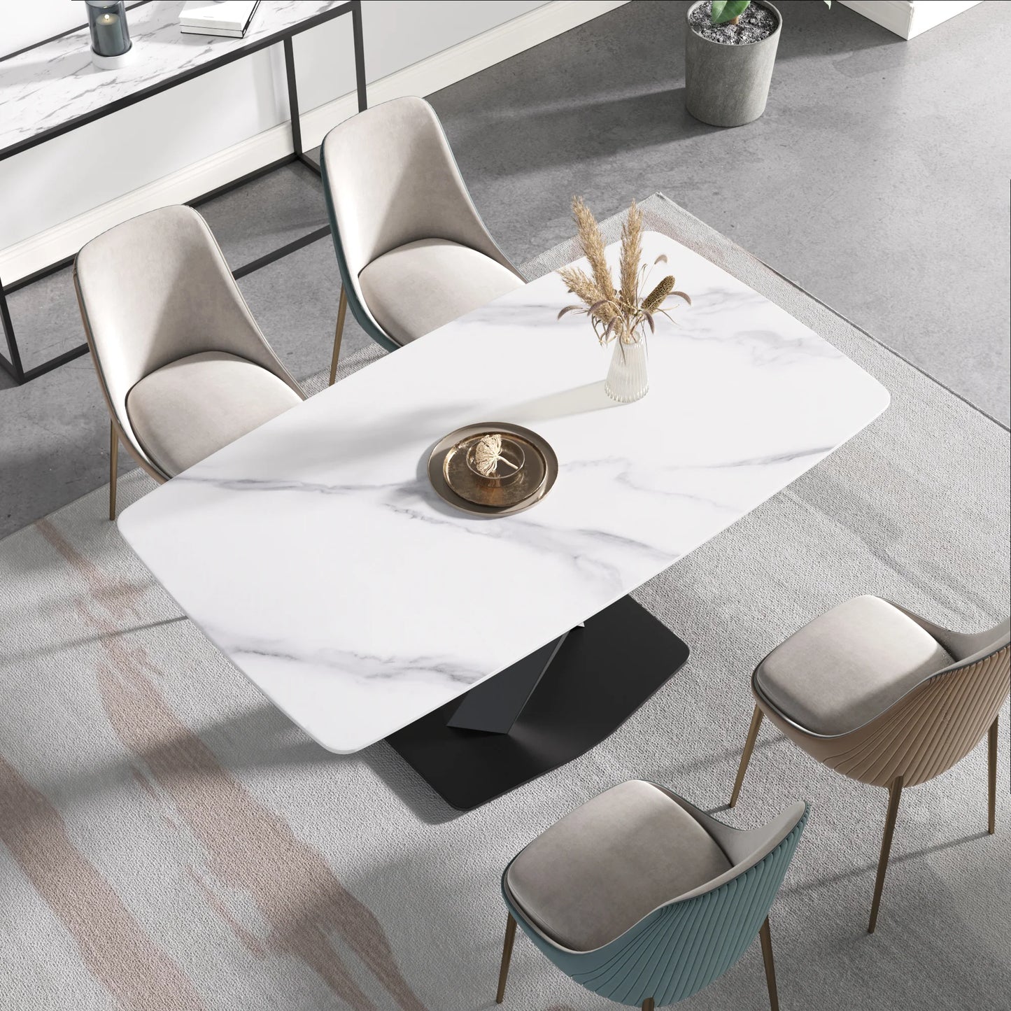 Marbella Sintered Stone Dining Table | 63" White Gloss Rectangular With Curved Edge