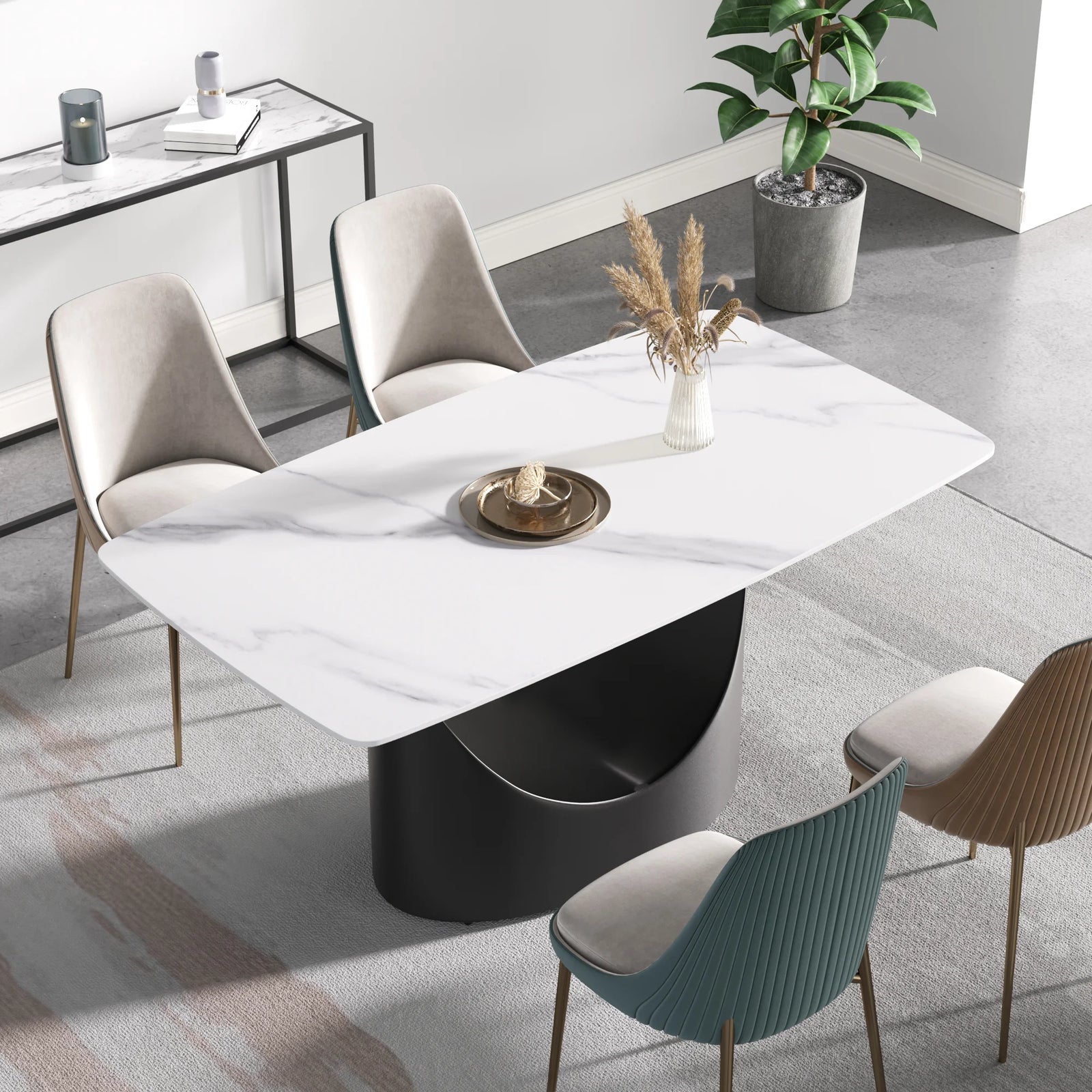 Mesa de comedor Marbella de piedra sinterizada | Rectangular, blanca brillante, de 160 cm (63") con borde curvo