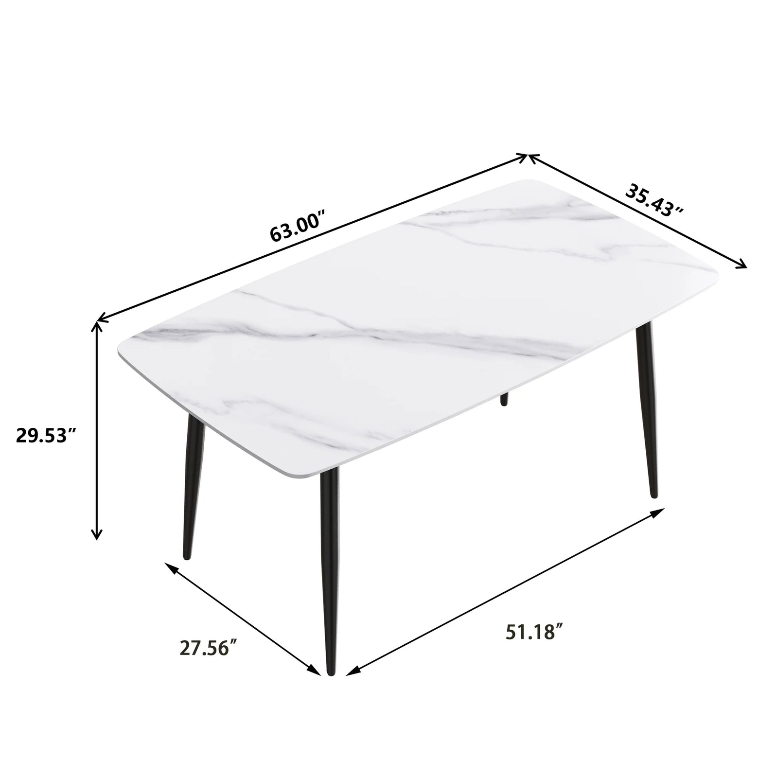 Marbella Sintered Stone Dining Table | 63" White Gloss Rectangular With Curved Edge