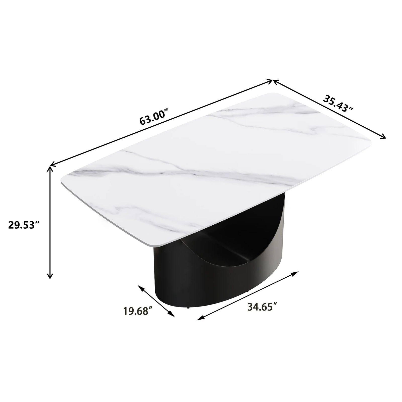 Mesa de comedor Marbella de piedra sinterizada | Rectangular, blanca brillante, de 160 cm (63") con borde curvo