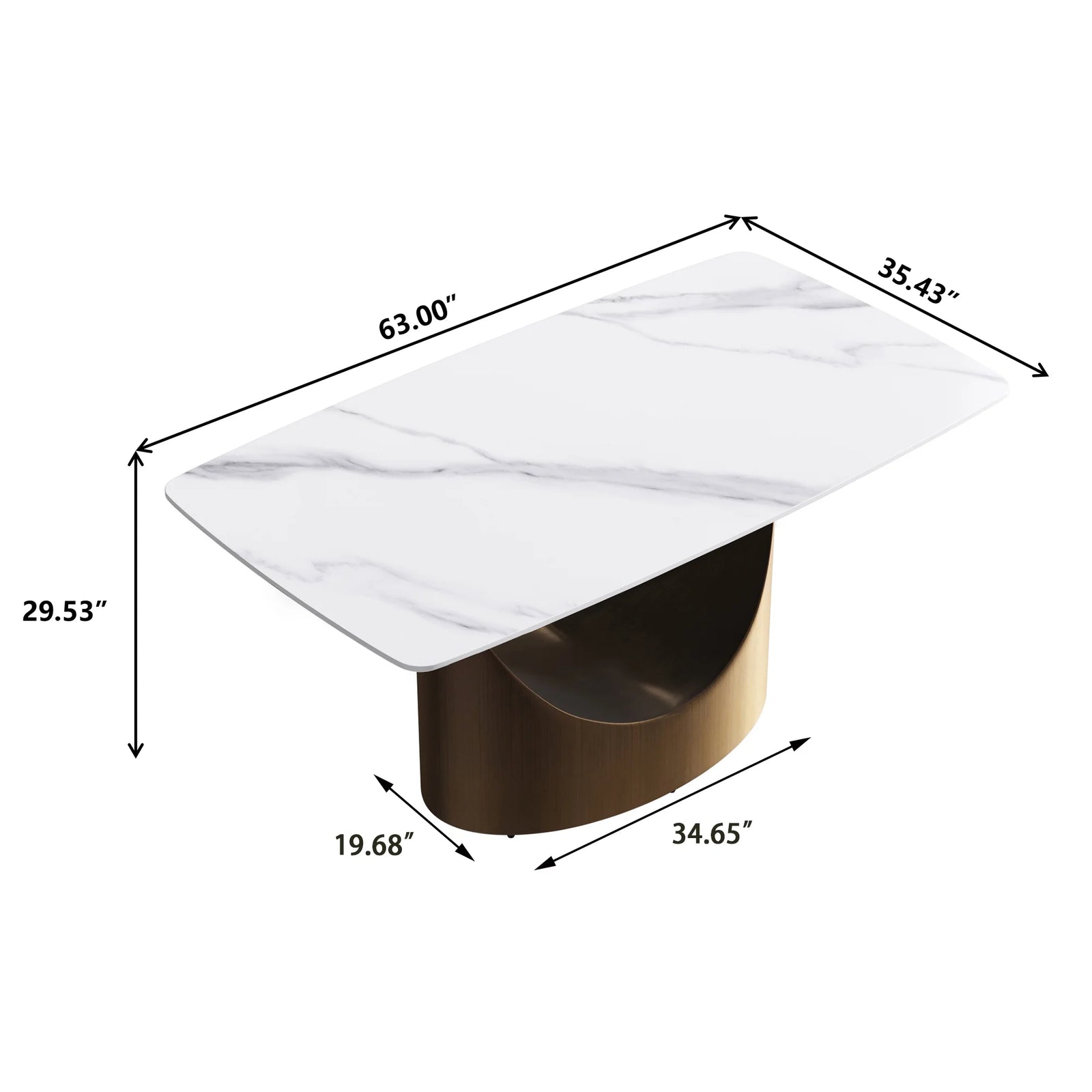 Marbella Sintered Stone Dining Table | 63" White Gloss Rectangular With Curved Edge