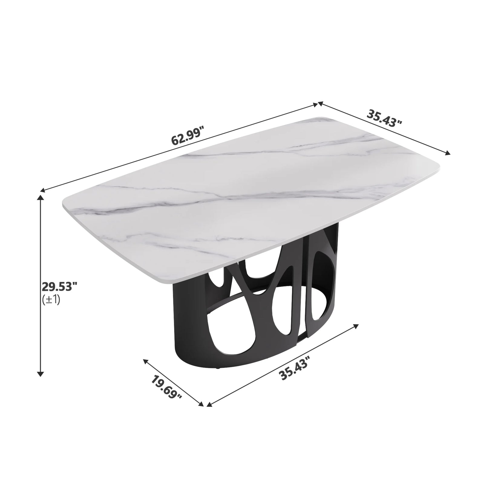 Mesa de comedor Marbella de piedra sinterizada | Rectangular, blanca brillante, de 160 cm (63") con borde curvo