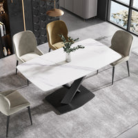 Marbella Sintered Stone Dining Table | 63" White Gloss Rectangular With Curved Edge