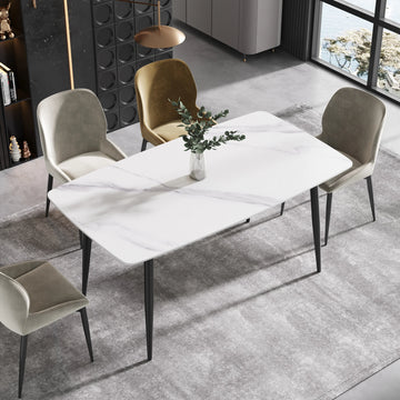Marbella Sintered Stone Dining Table | 63" White Gloss Rectangular With Curved Edge