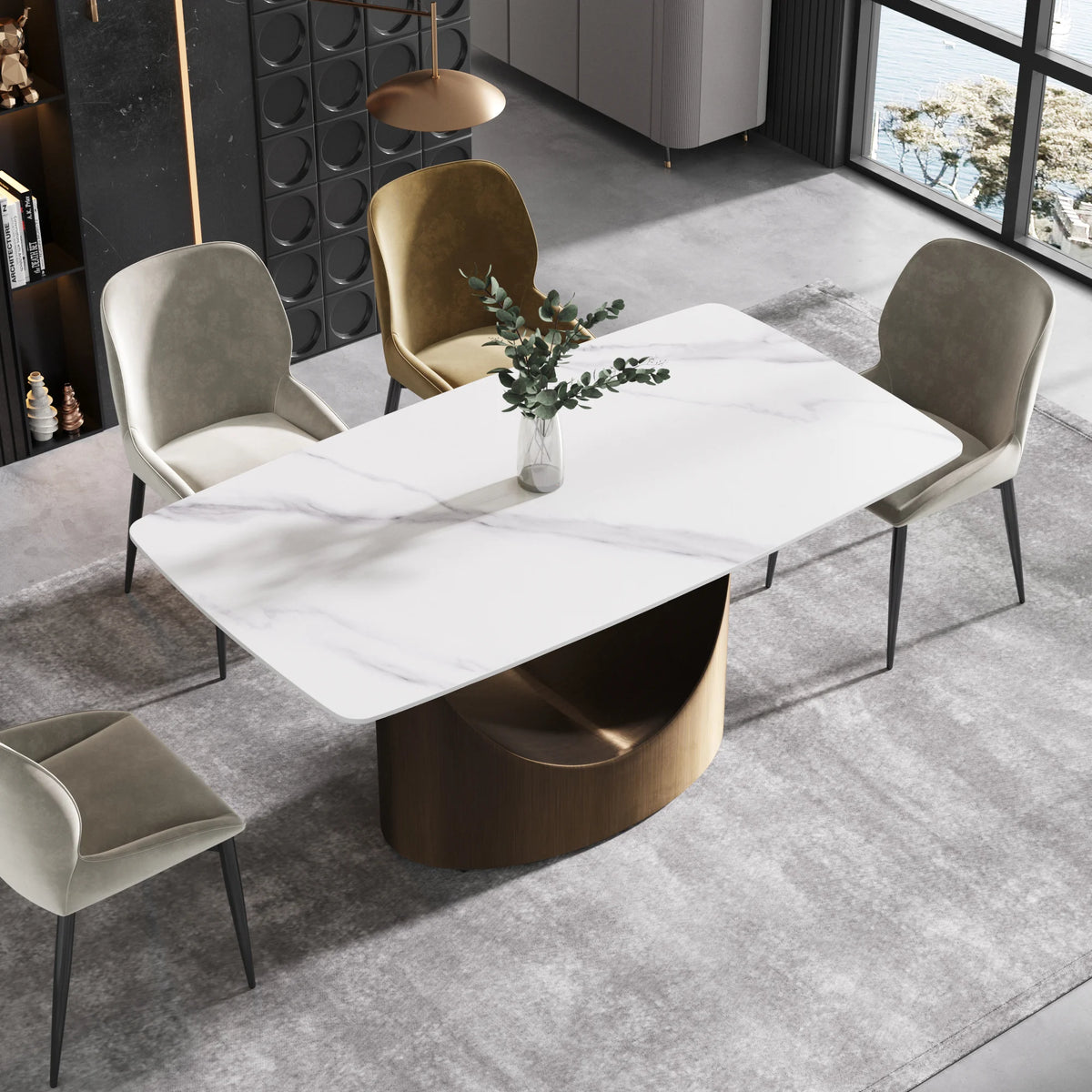 Marbella Sintered Stone Dining Table | 63" White Gloss Rectangular With Curved Edge