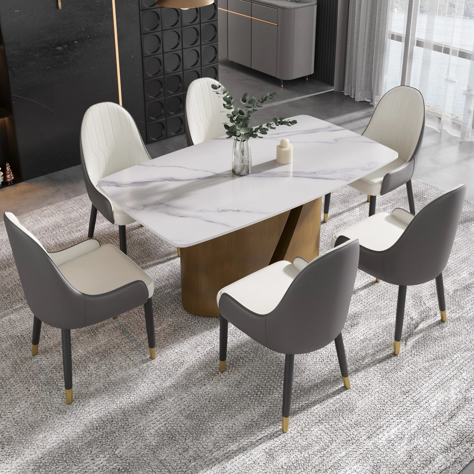 Mesa de comedor Marbella de piedra sinterizada | Rectangular, blanca brillante, de 160 cm (63") con borde curvo