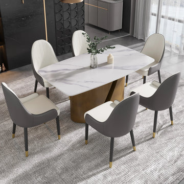 Mesa de comedor Marbella de piedra sinterizada | Rectangular, blanca brillante, de 160 cm (63") con borde curvo