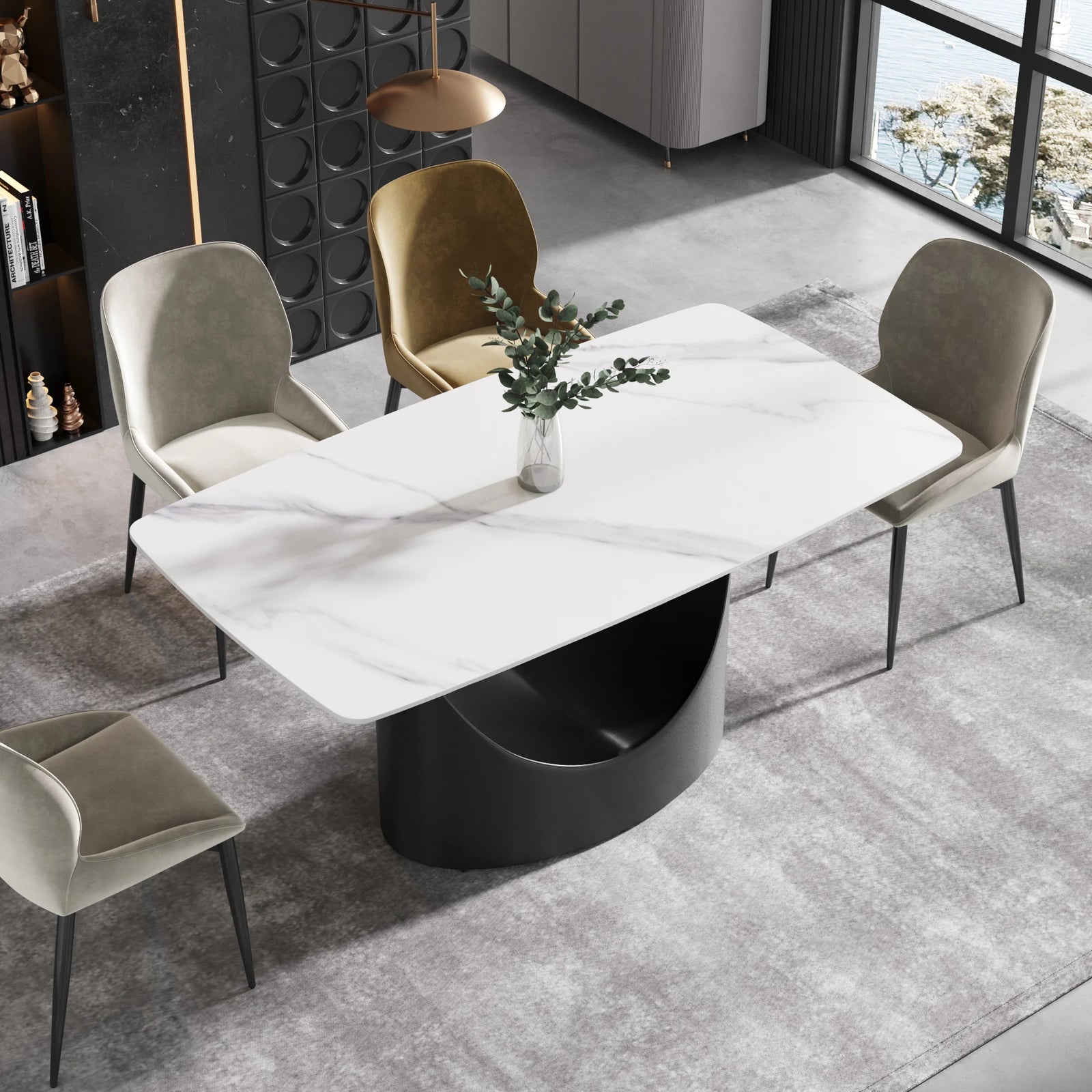 Mesa de comedor Marbella de piedra sinterizada | Rectangular, blanca brillante, de 160 cm (63") con borde curvo