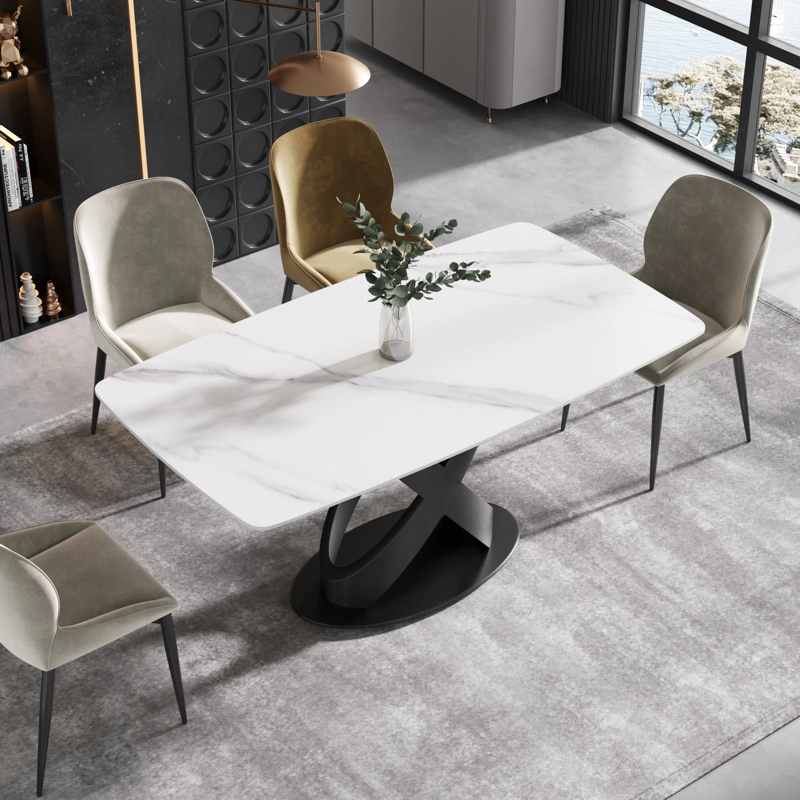Marbella Sintered Stone Dining Table | 63" White Gloss Rectangular With Curved Edge