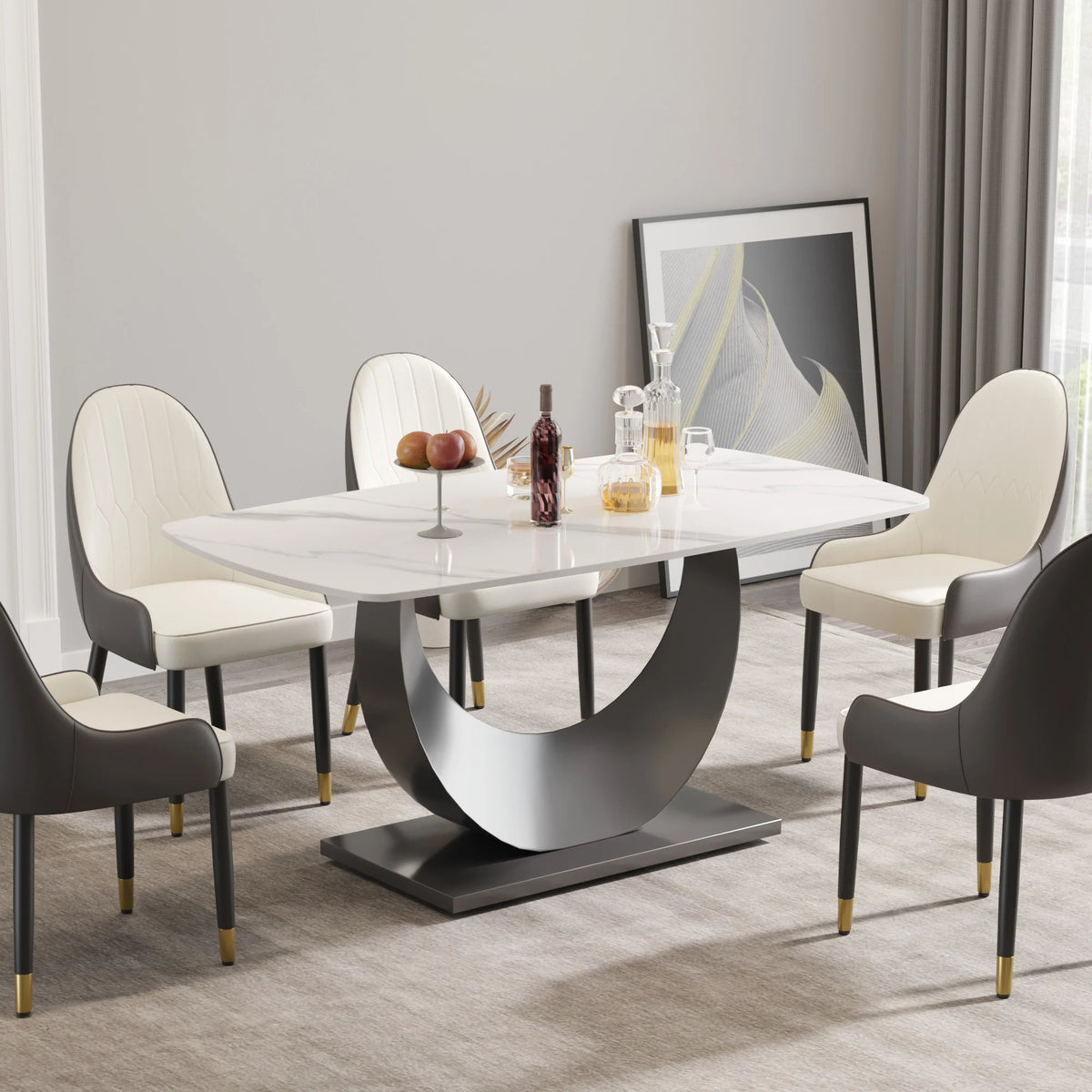 Marbella Sintered Stone Dining Table | 63" White Gloss Rectangular With Curved Edge