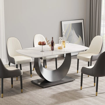 Marbella Sintered Stone Dining Table | 63" White Gloss Rectangular With Curved Edge
