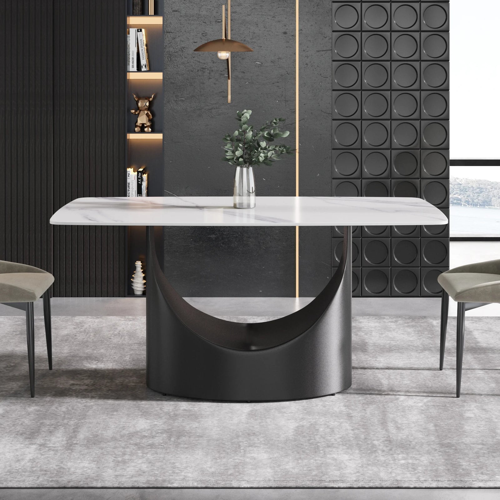 Mesa de comedor Marbella de piedra sinterizada | Rectangular, blanca brillante, de 160 cm (63") con borde curvo