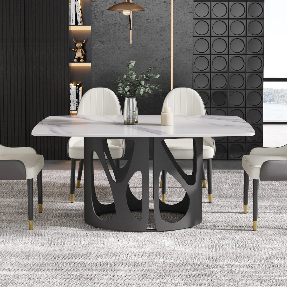 Marbella Sintered Stone Dining Table | 63" White Gloss Rectangular With Curved Edge