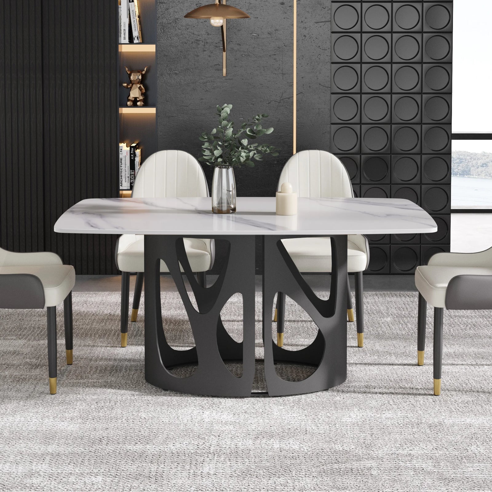 Mesa de comedor Marbella de piedra sinterizada | Rectangular, blanca brillante, de 160 cm (63") con borde curvo