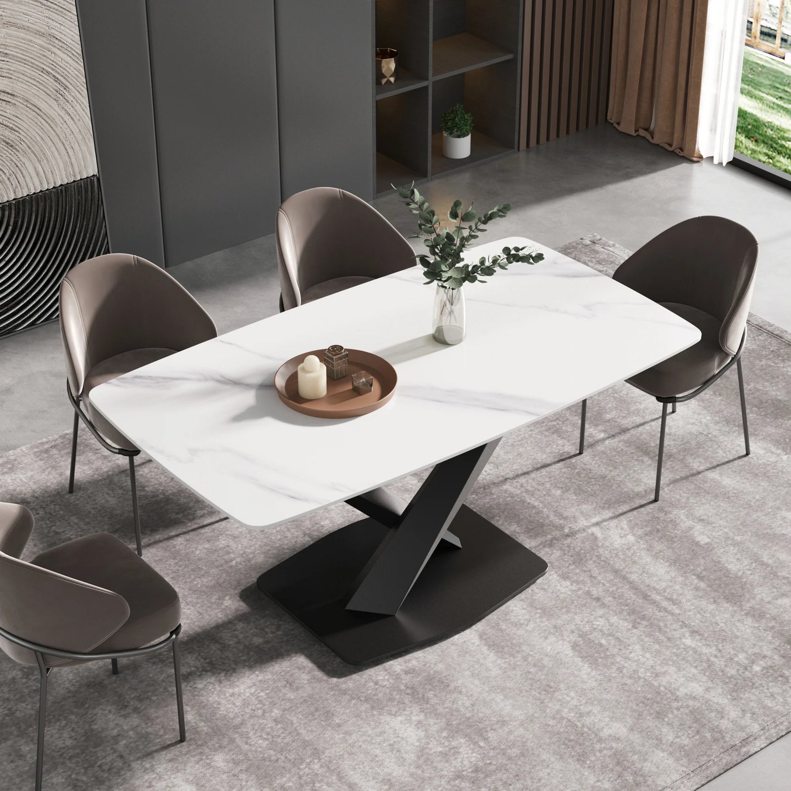 Marbella Sintered Stone Dining Table | 63" White Gloss Rectangular With Curved Edge