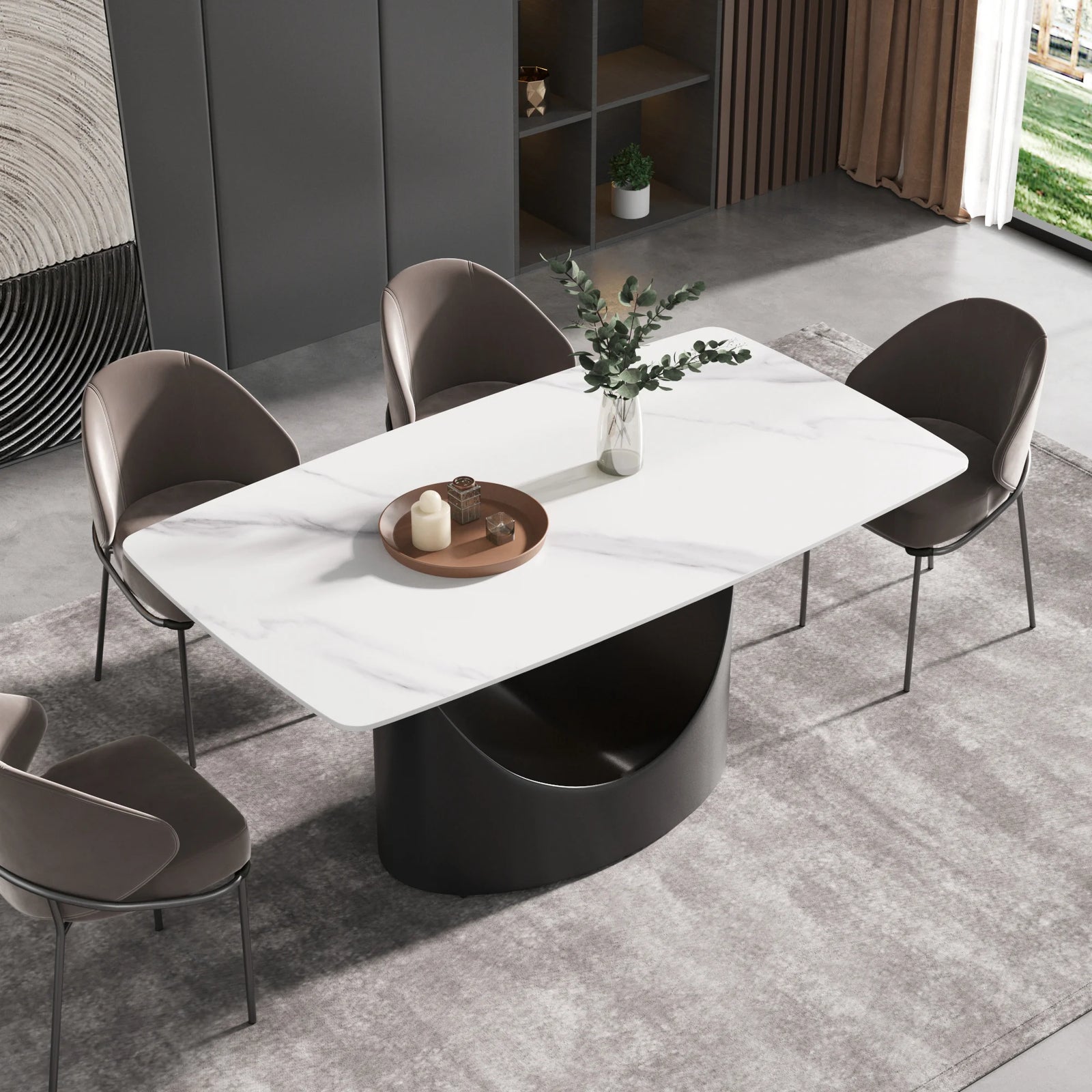 Mesa de comedor Marbella de piedra sinterizada | Rectangular, blanca brillante, de 160 cm (63") con borde curvo