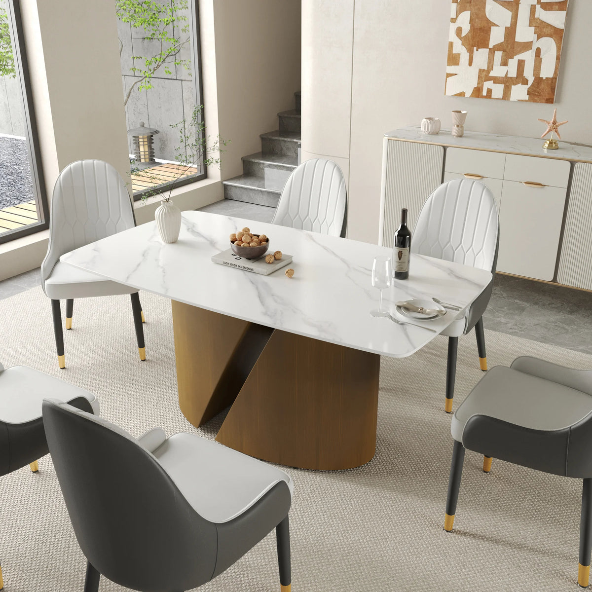 Marbella Sintered Stone Dining Table | 63" White Gloss Rectangular With Curved Edge
