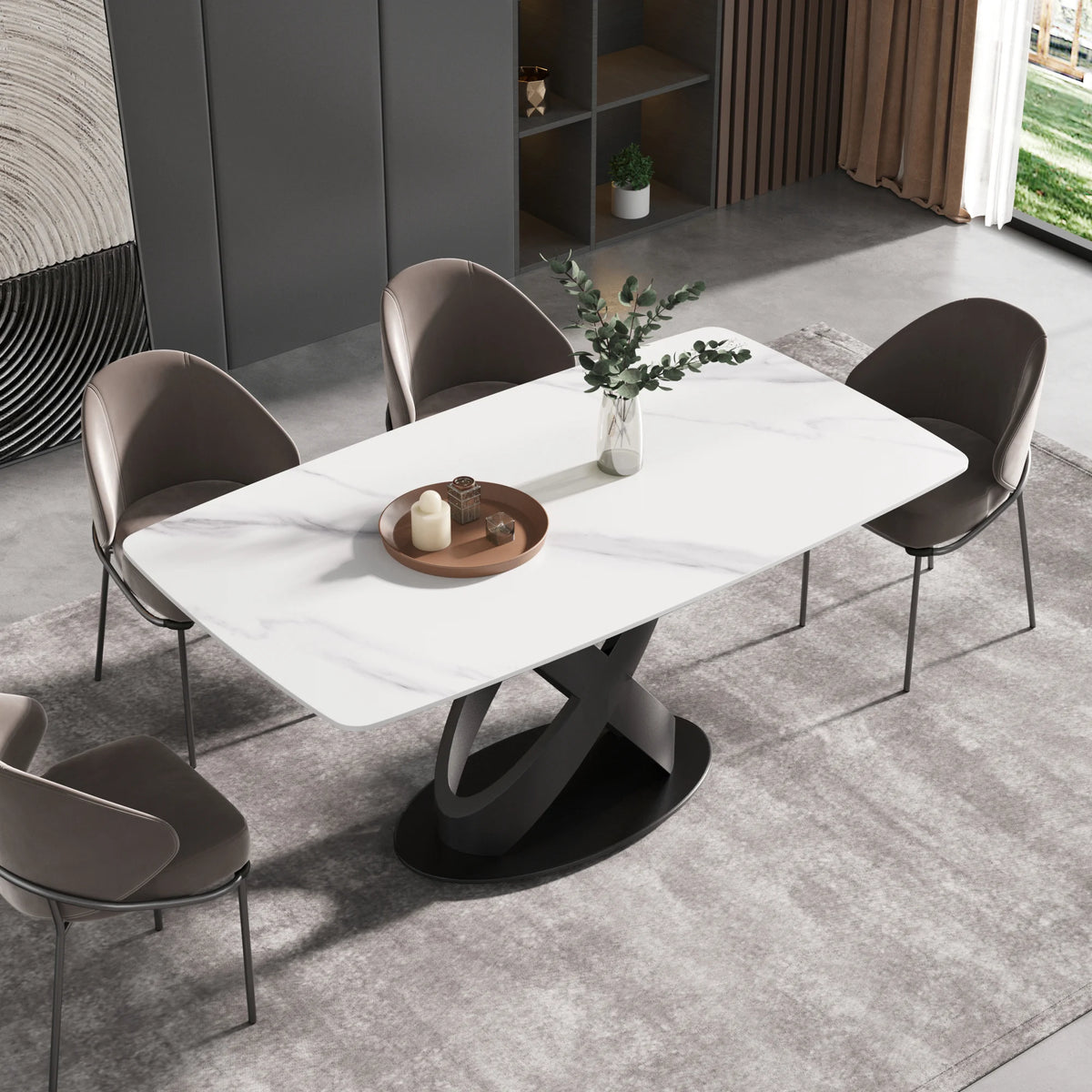 Marbella Sintered Stone Dining Table | 63" White Gloss Rectangular With Curved Edge