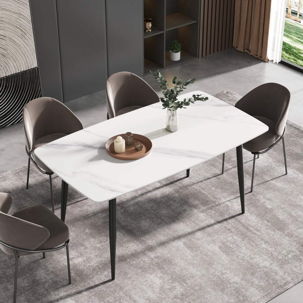 Marbella Sintered Stone Dining Table | 63" White Gloss Rectangular With Curved Edge