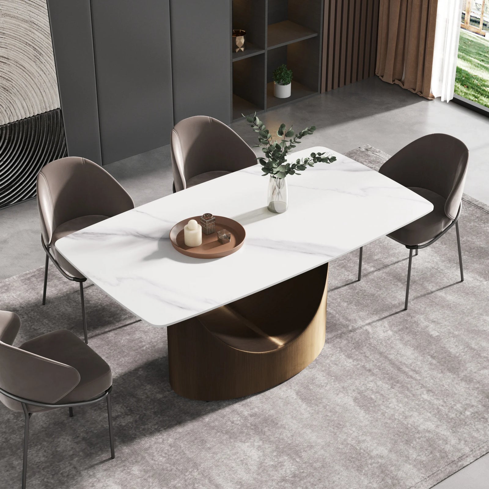 Marbella Sintered Stone Dining Table | 63" White Gloss Rectangular With Curved Edge
