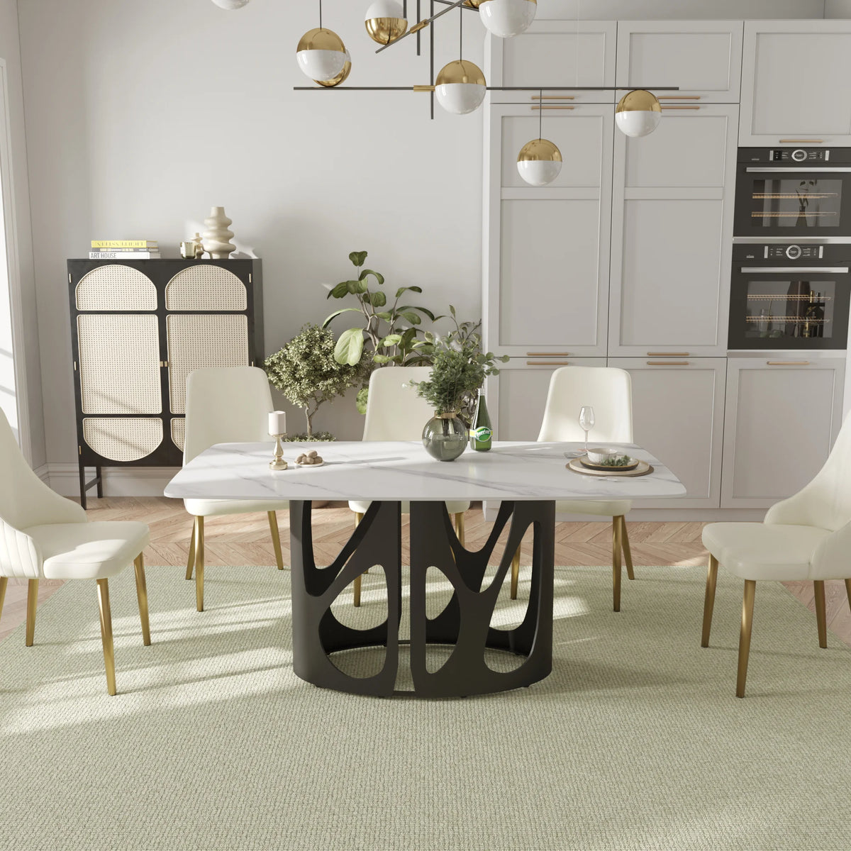 Marbella Sintered Stone Dining Table | 63" White Gloss Rectangular With Curved Edge