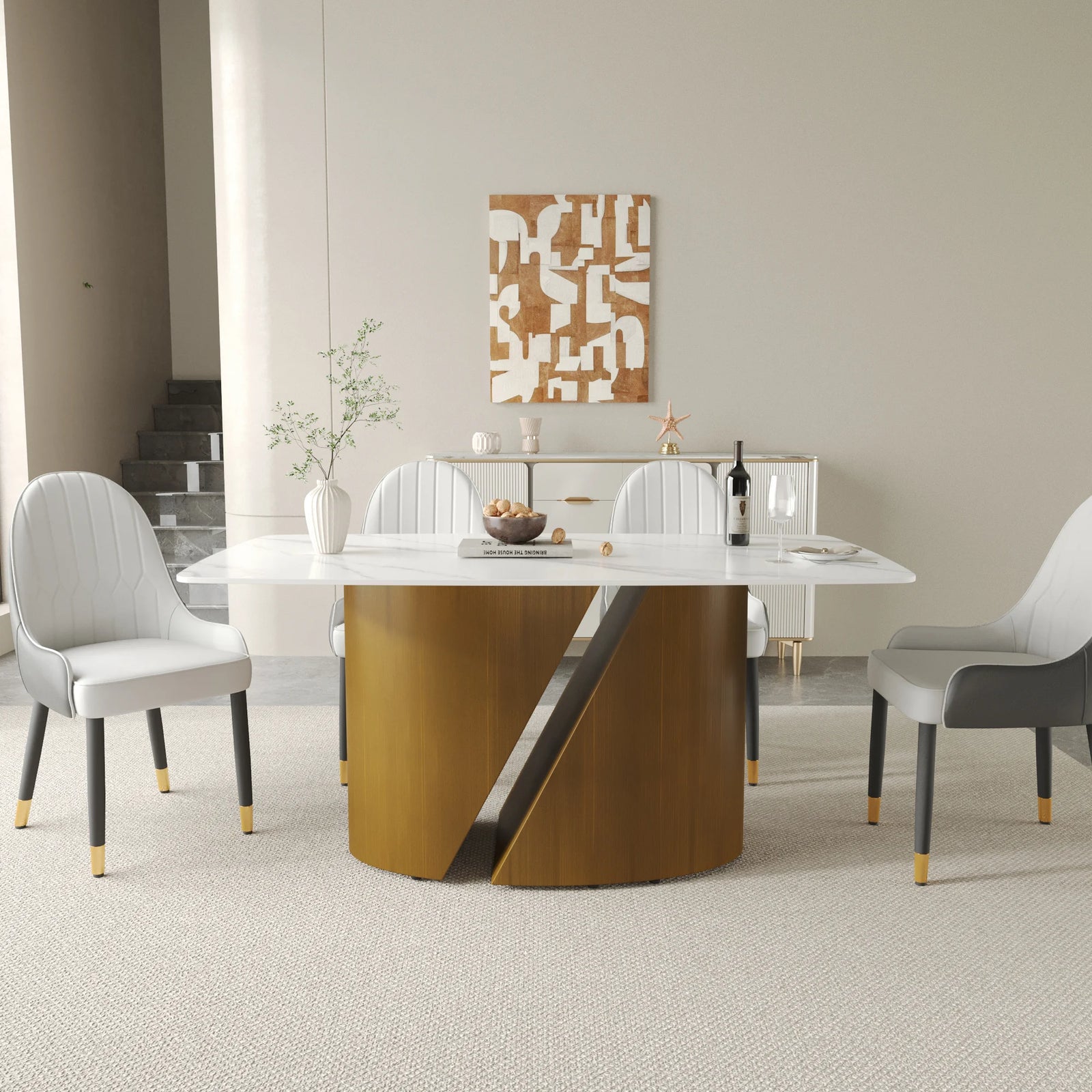 Mesa de comedor Marbella de piedra sinterizada | Rectangular, blanca brillante, de 160 cm (63") con borde curvo