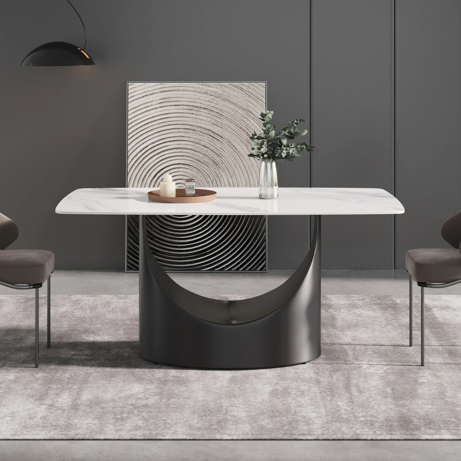 Mesa de comedor Marbella de piedra sinterizada | Rectangular, blanca brillante, de 160 cm (63") con borde curvo
