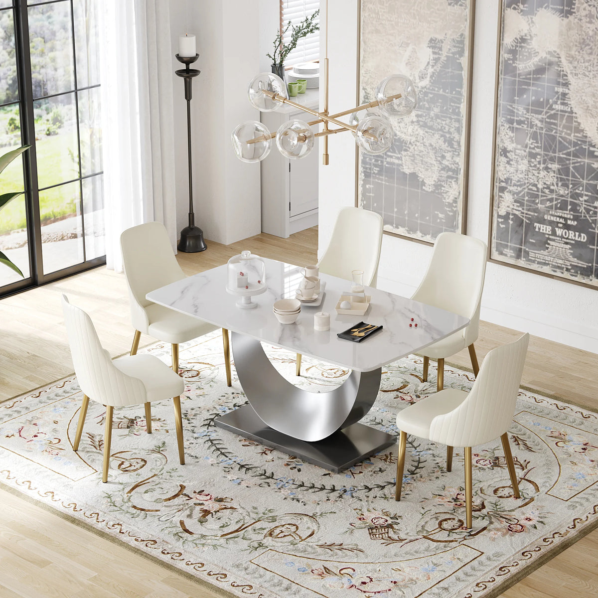 Mesa de comedor Marbella de piedra sinterizada | Rectangular, blanca brillante, de 160 cm (63") con borde curvo