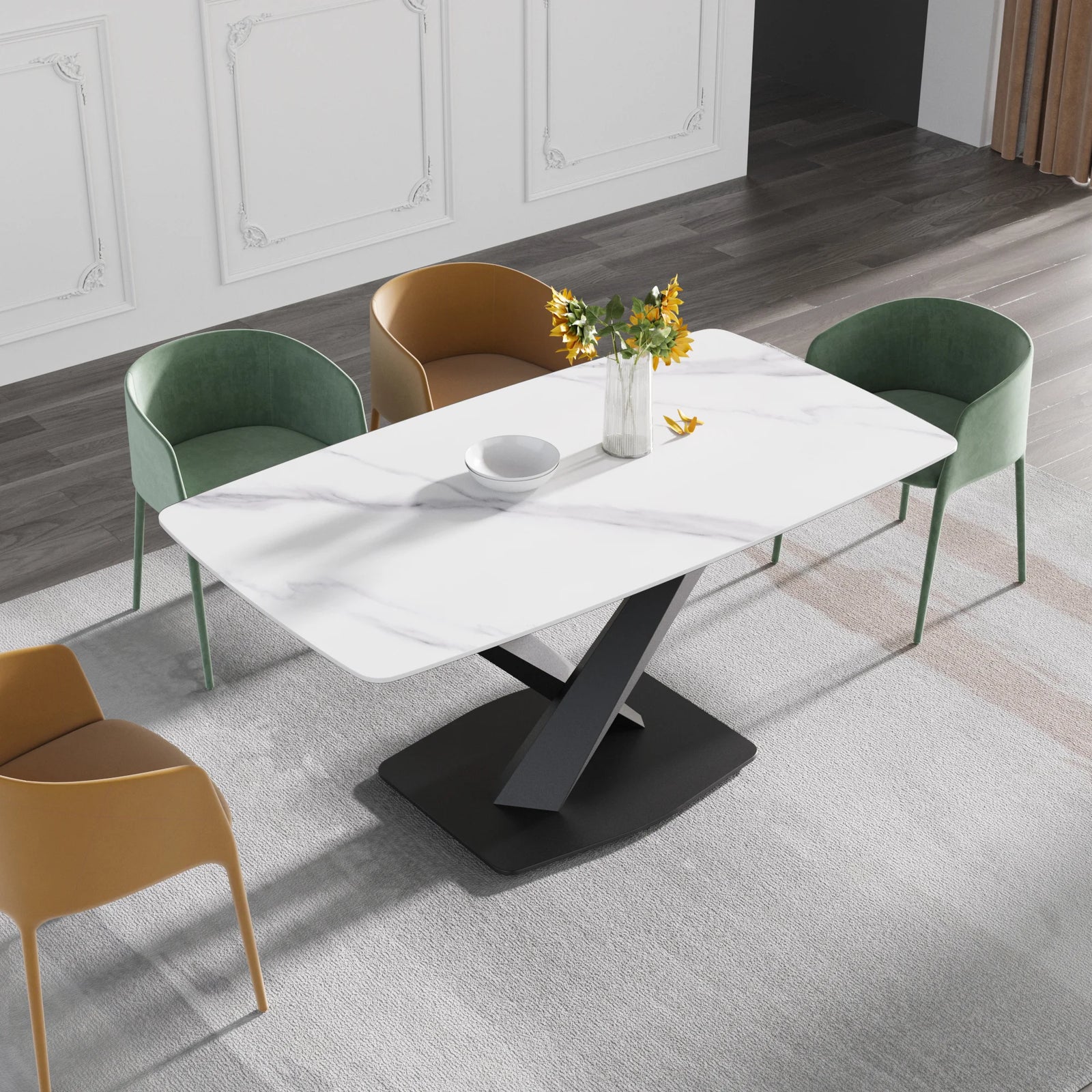 Marbella Sintered Stone Dining Table | 63" White Gloss Rectangular With Curved Edge