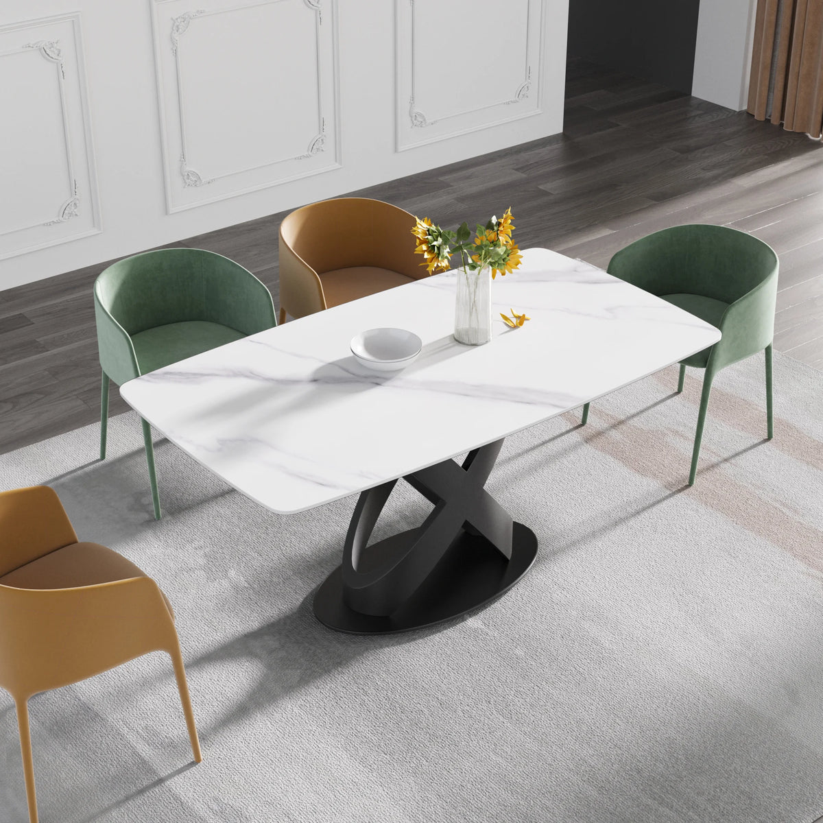 Marbella Sintered Stone Dining Table | 63" White Gloss Rectangular With Curved Edge