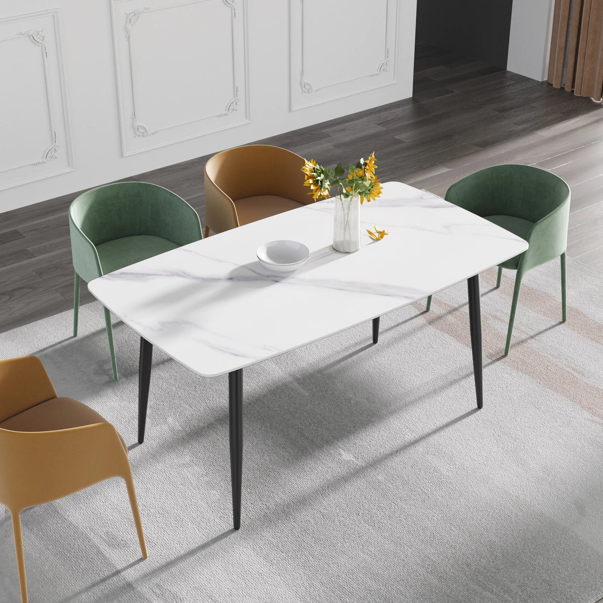 Marbella Sintered Stone Dining Table | 63" White Gloss Rectangular With Curved Edge