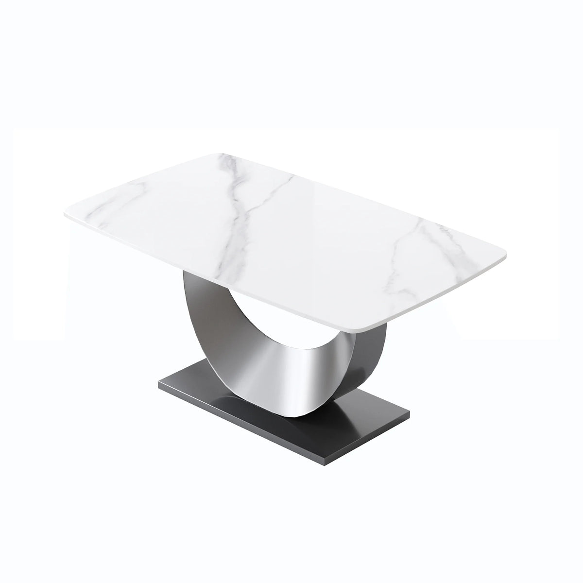 Mesa de comedor Marbella de piedra sinterizada | Rectangular, blanca brillante, de 160 cm (63") con borde curvo
