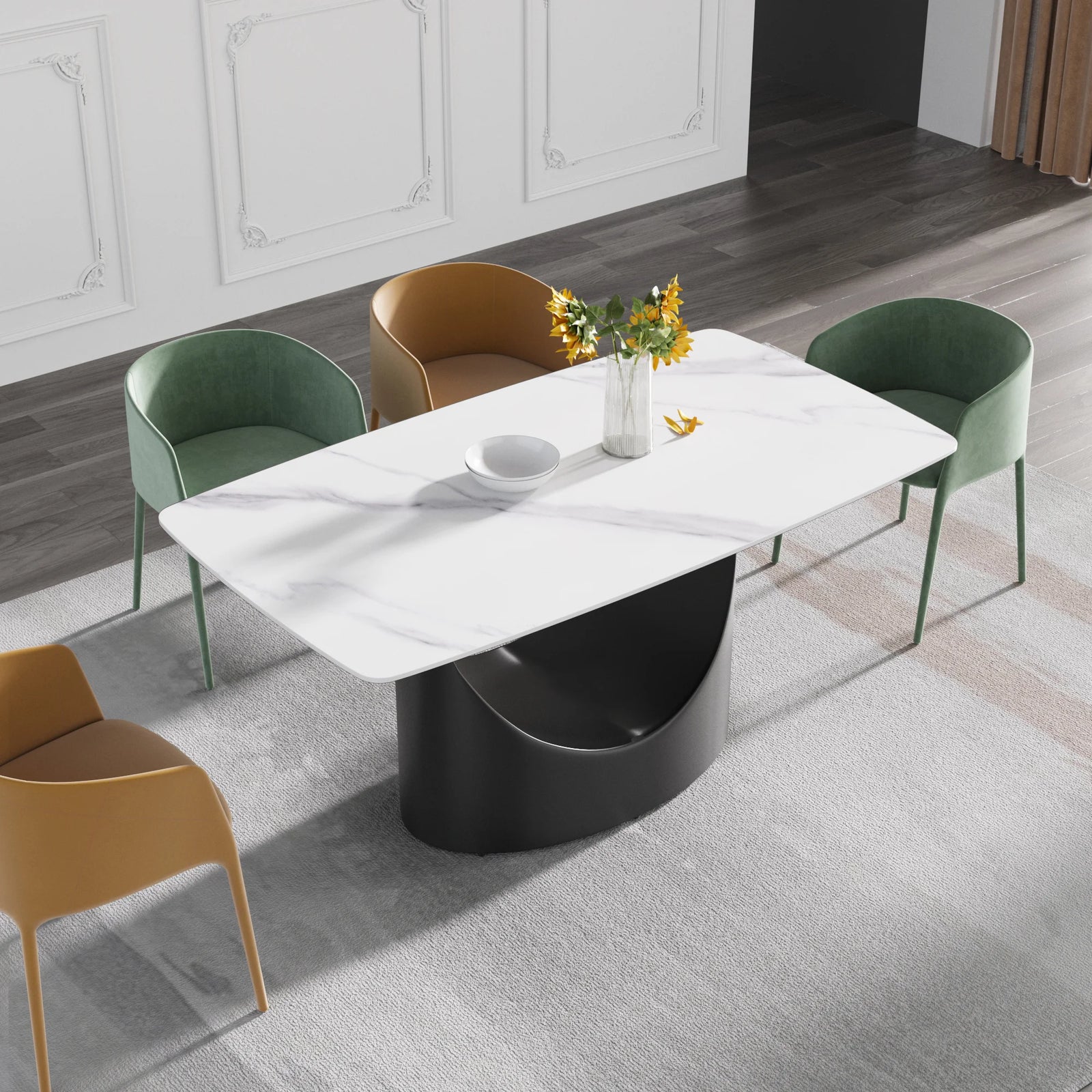 Mesa de comedor Marbella de piedra sinterizada | Rectangular, blanca brillante, de 160 cm (63") con borde curvo
