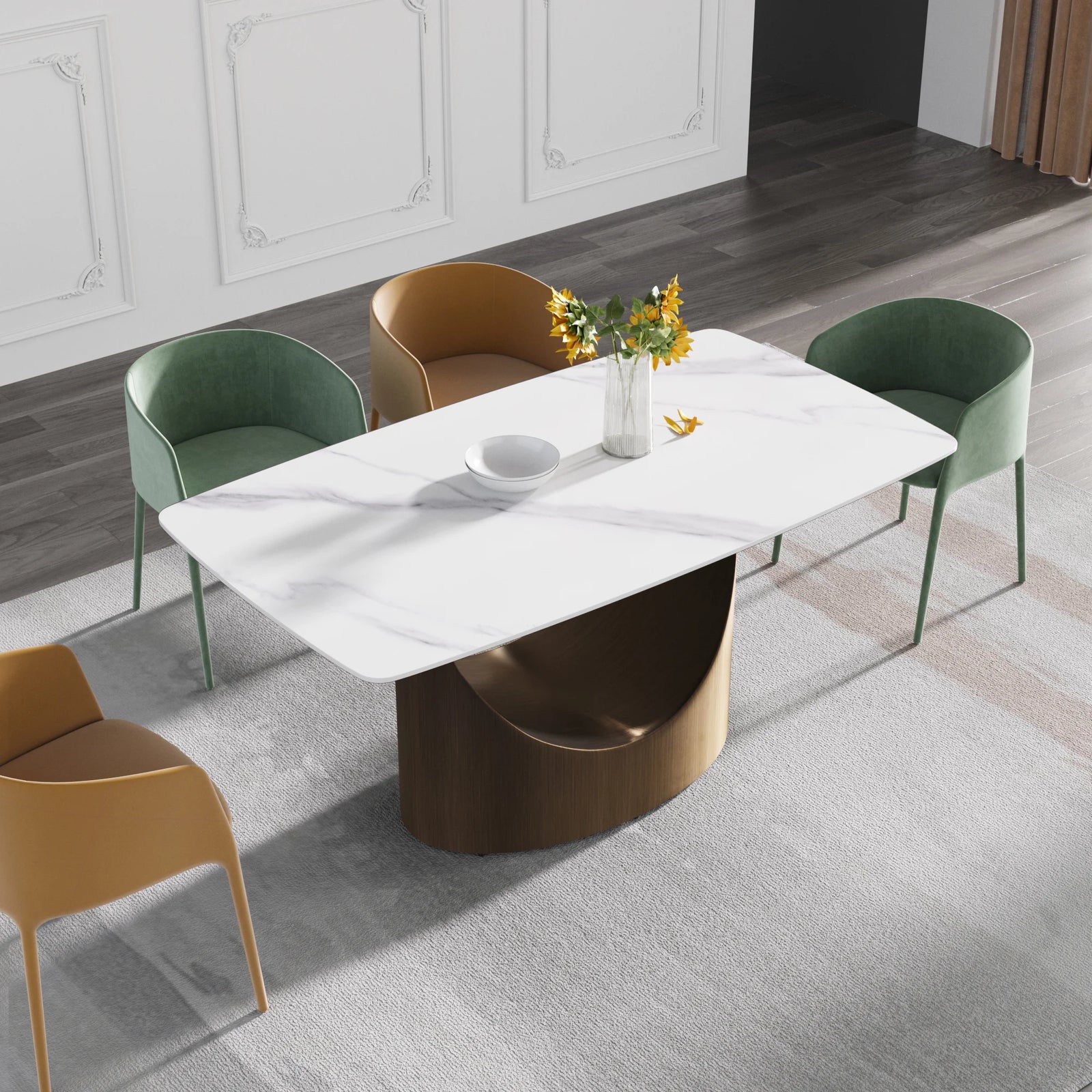 Marbella Sintered Stone Dining Table | 63" White Gloss Rectangular With Curved Edge
