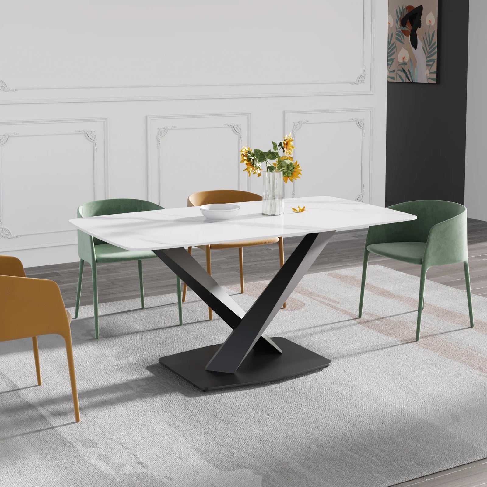 Marbella Sintered Stone Dining Table | 63" White Gloss Rectangular With Curved Edge