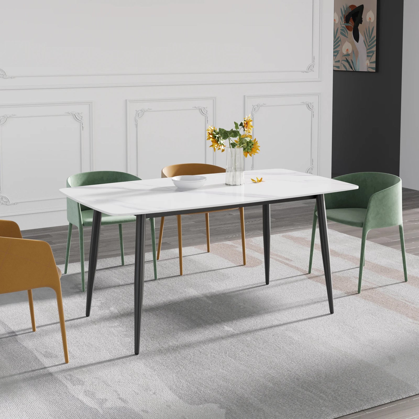 Marbella Sintered Stone Dining Table | 63" White Gloss Rectangular With Curved Edge