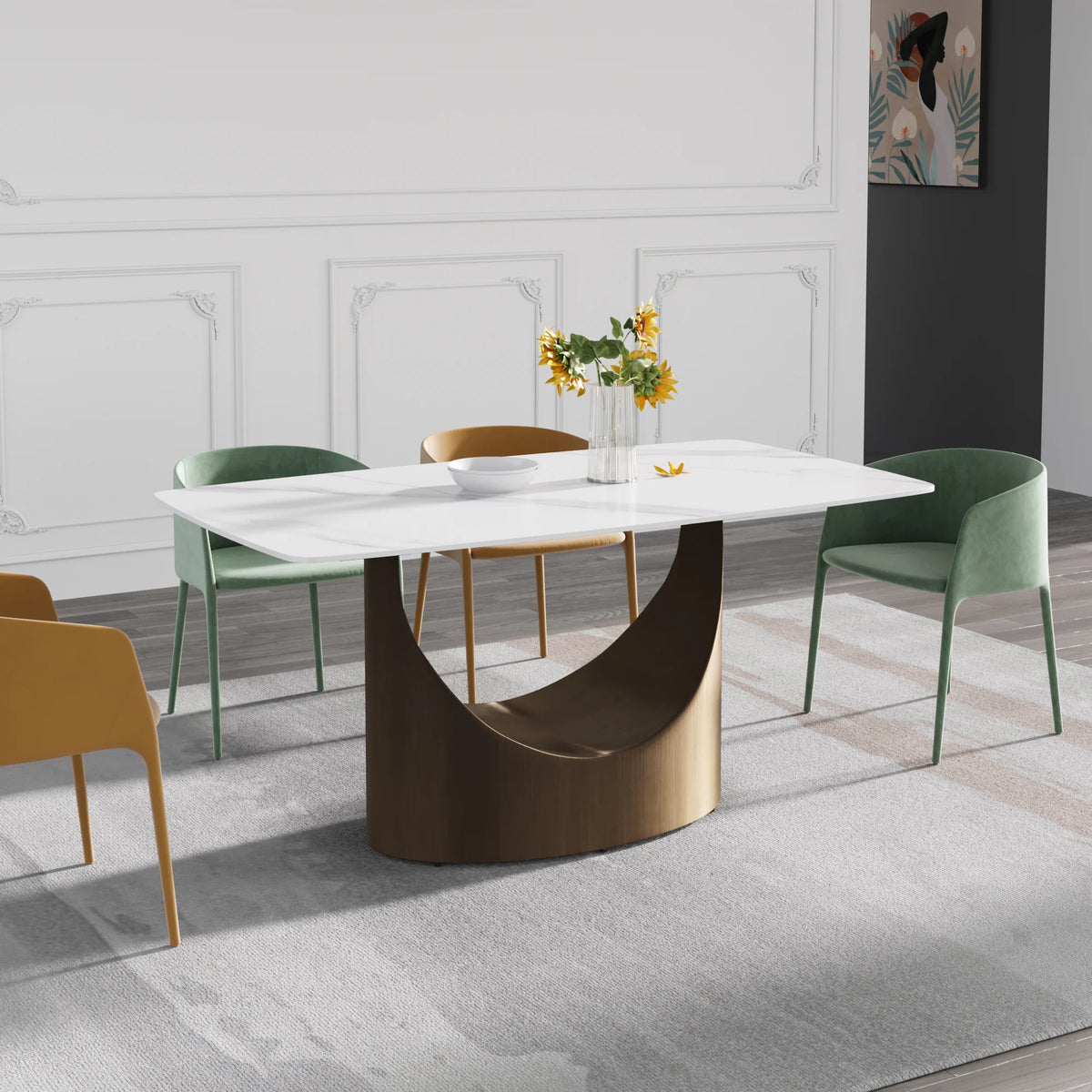 Marbella Sintered Stone Dining Table | 63" White Gloss Rectangular With Curved Edge