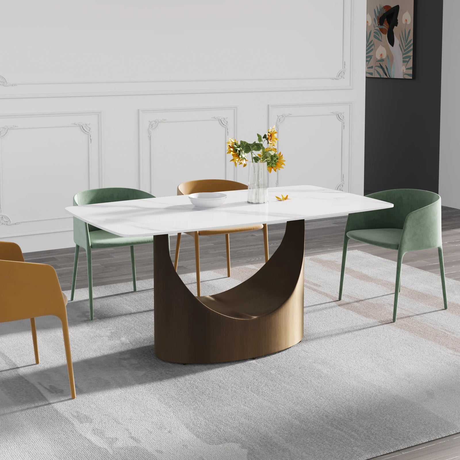 Marbella Sintered Stone Dining Table | 63" White Gloss Rectangular With Curved Edge